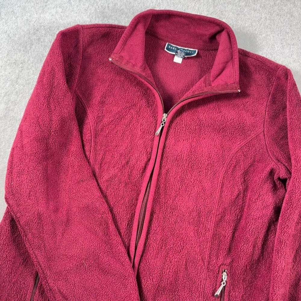 Karen Scott Sport Fleece Jacket Womens M Burgundy Solid Full Zip Mock Neck Zip
